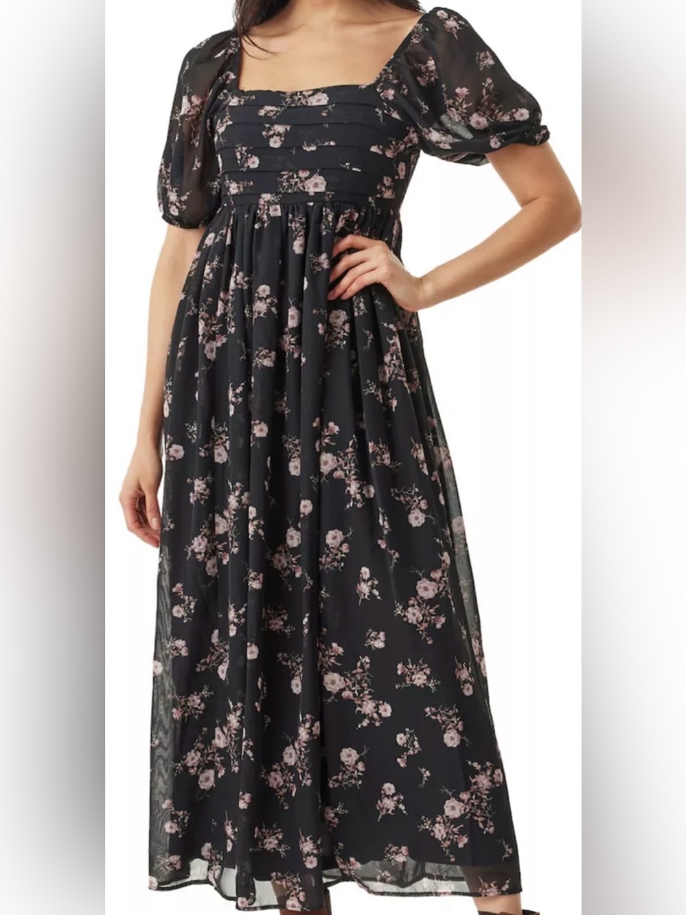 Wallflower Black Maxi Dress with Pink Floral Print and Puff Sleeves